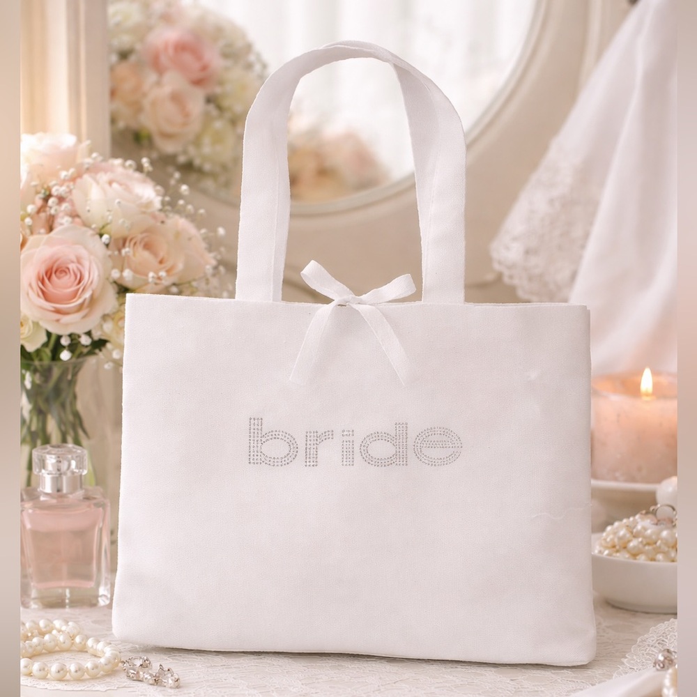 Bride Bling Tote Bag - White with Rhinestones and Ribbon NWT